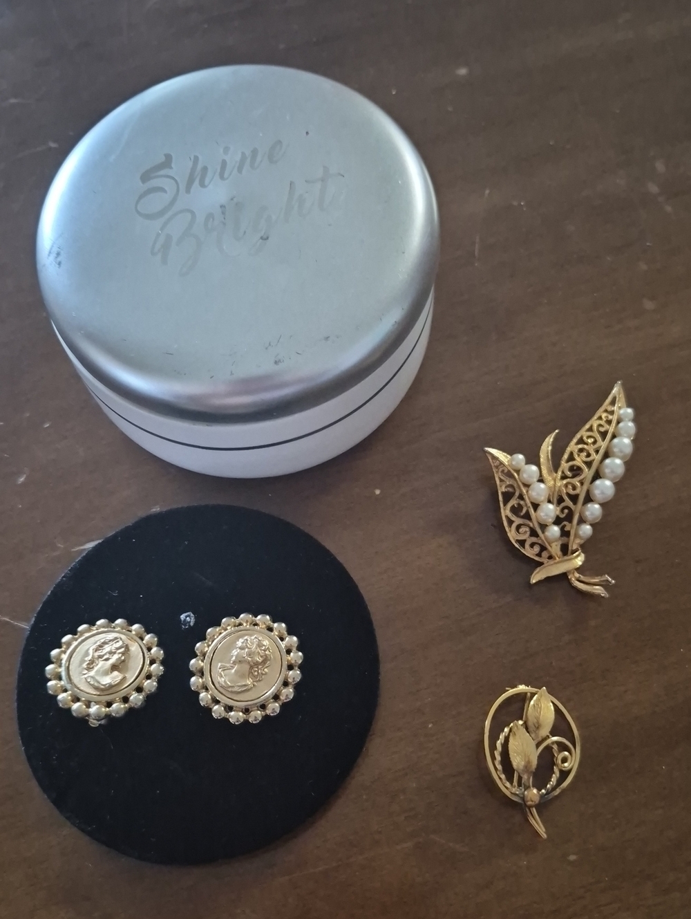 Pandora Box Gold Tone Brooches and Clip Earrings with Pearls
